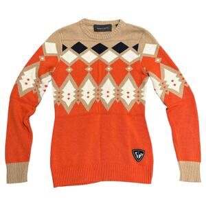 Rossignol Sweater Argyle Color Blocked Ski Skiing Wool Blend Italy Orange Tan